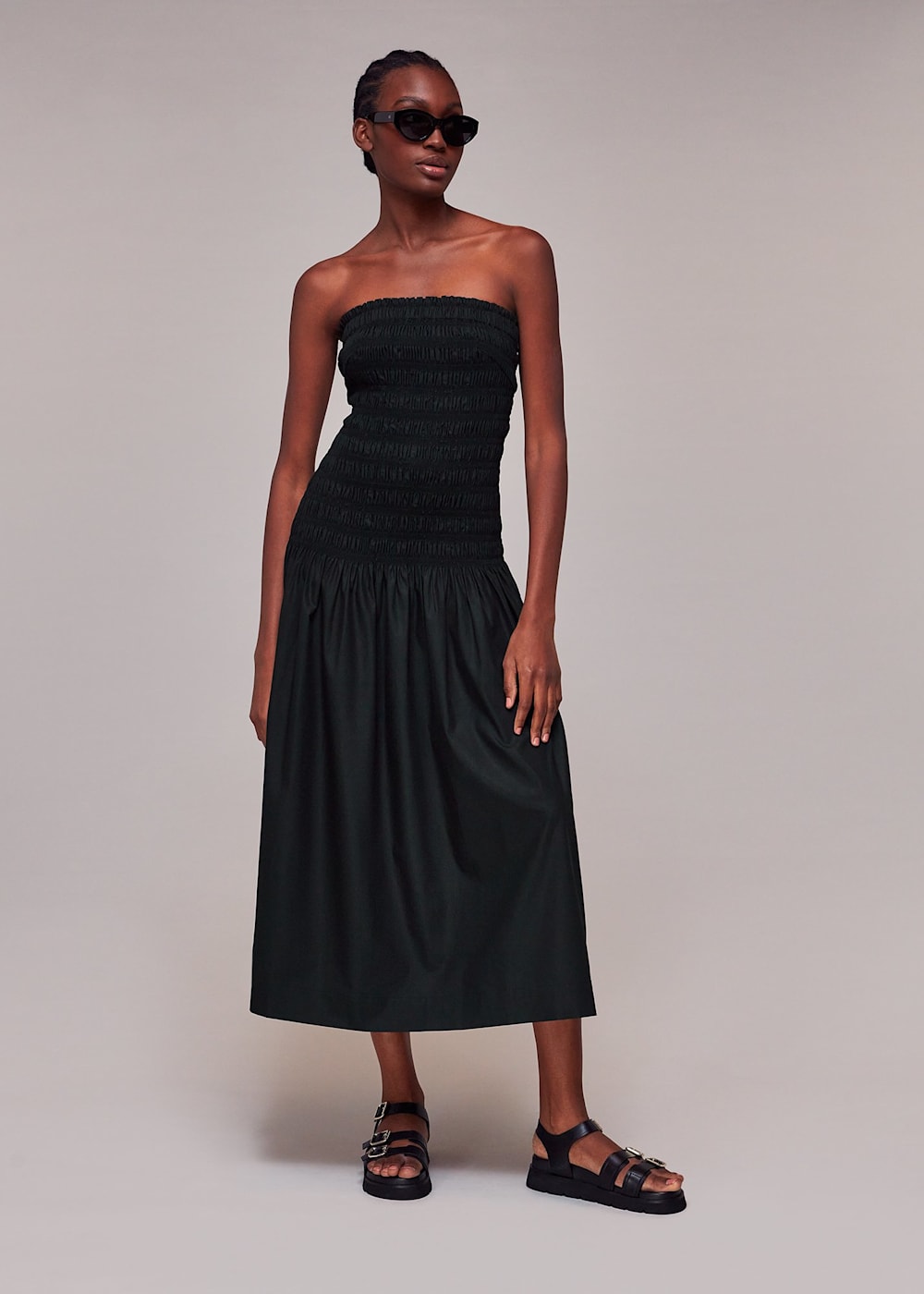 Black Shirred Bandeau Poplin Dress WHISTLES Whistles US