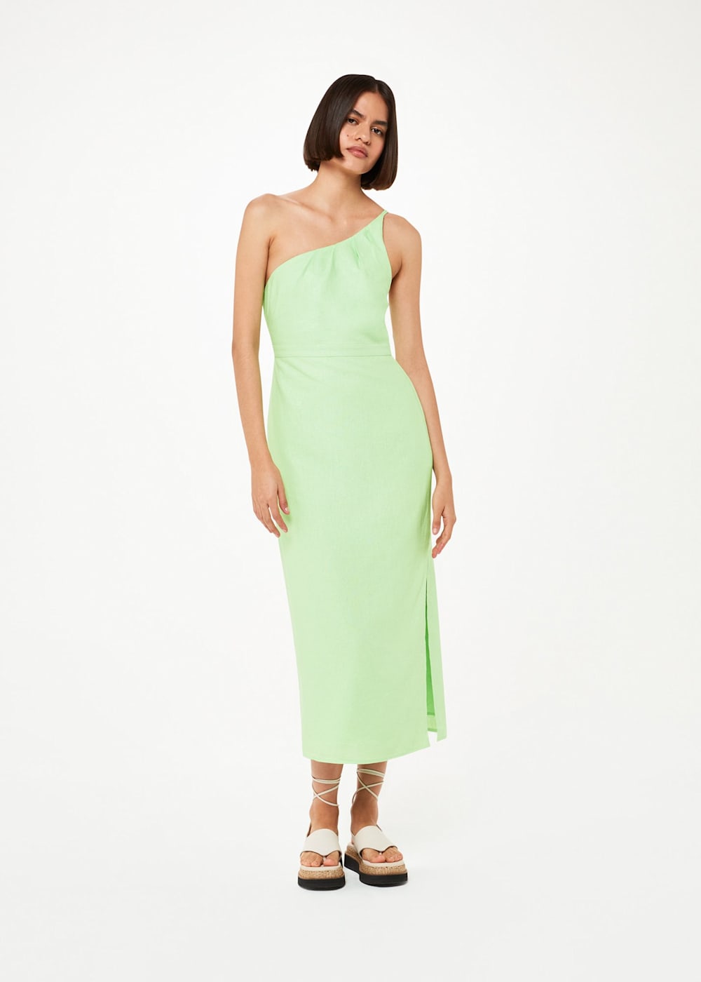 Lime One Shoulder Linen Blend Dress WHISTLES Whistles UK