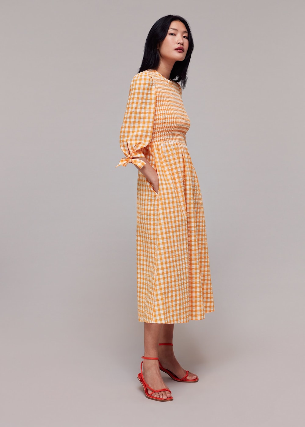 Orange Multi Gingham Check Shirred Dress WHISTLES Whistles UK