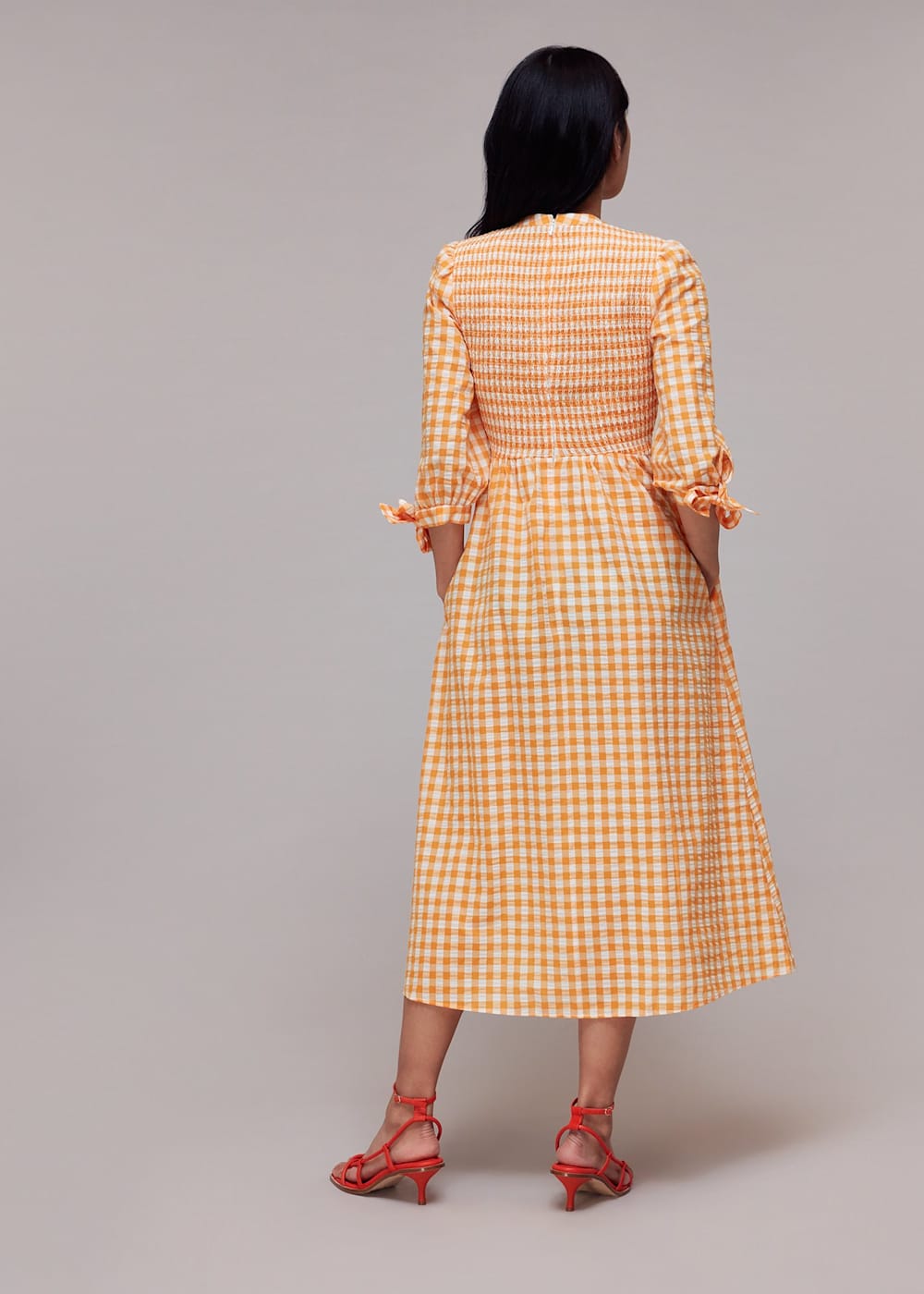 Orange/Multi Gingham Check Shirred Dress | WHISTLES | Whistles US |