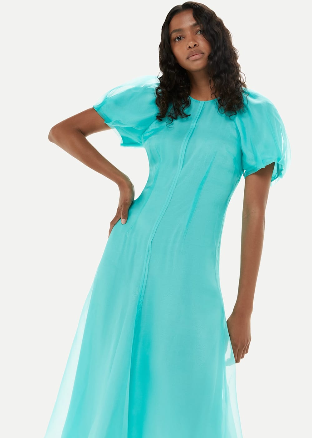 Turquoise Organza Silk Puff Sleeve Dress | WHISTLES Turquoise Organza Silk Puff Sleeve Dress | WHISTLES
