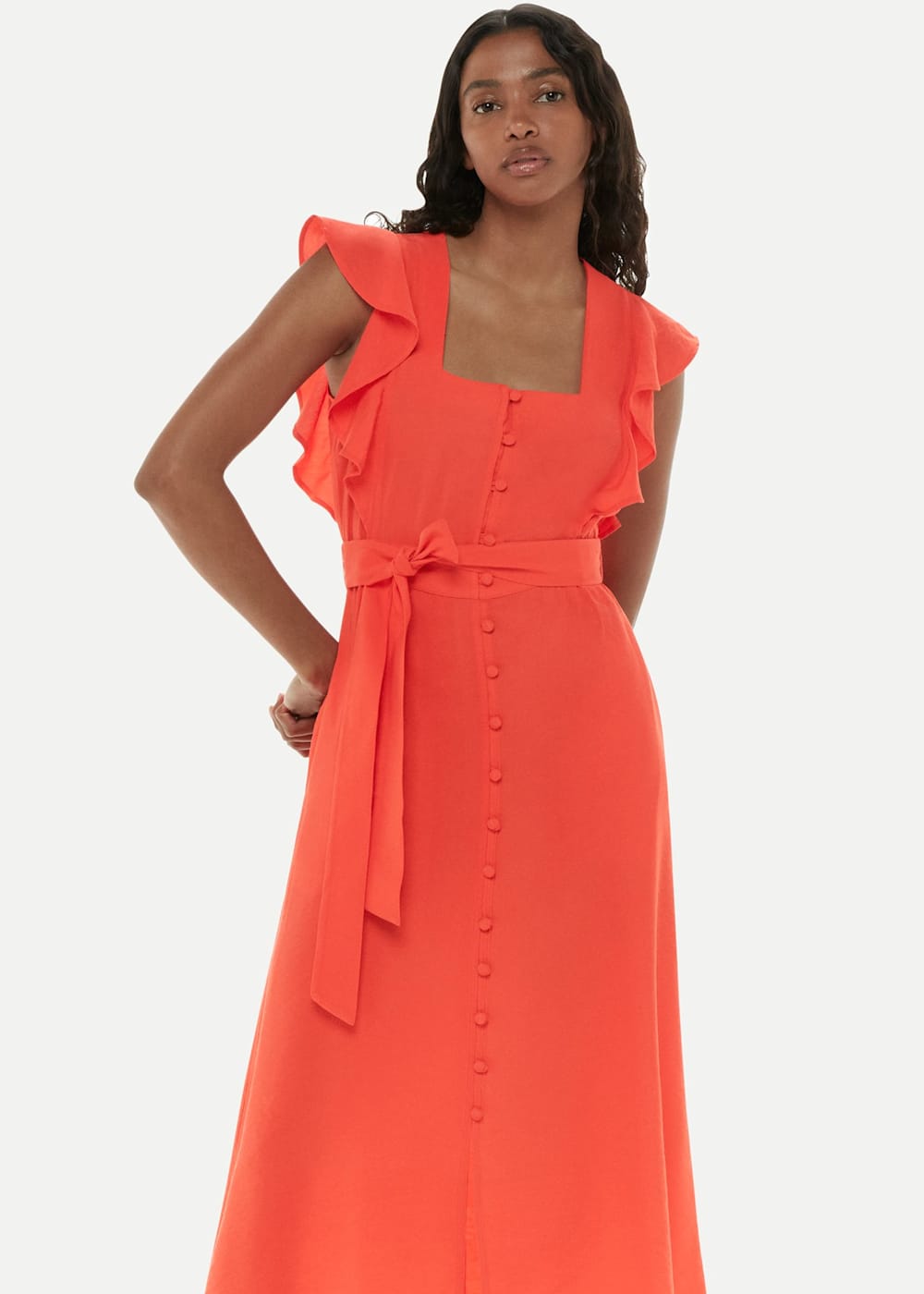 Red Sophie Frill Sleeve Midi Dress WHISTLES Whistles UK