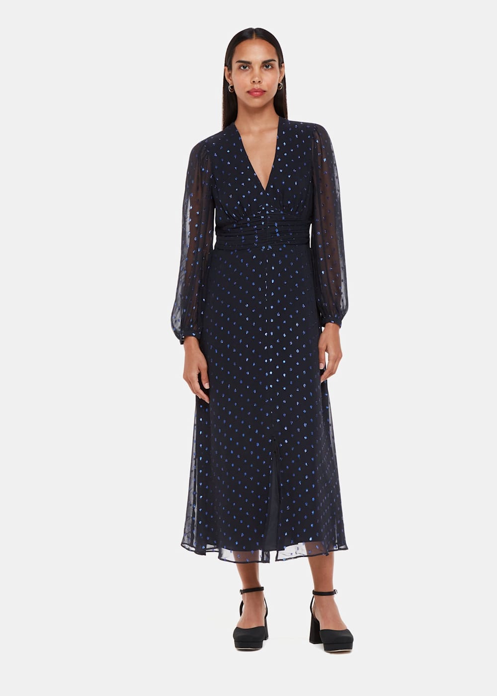 Navy Multi Metallic Dobby Midi Dress WHISTLES Whistles UK