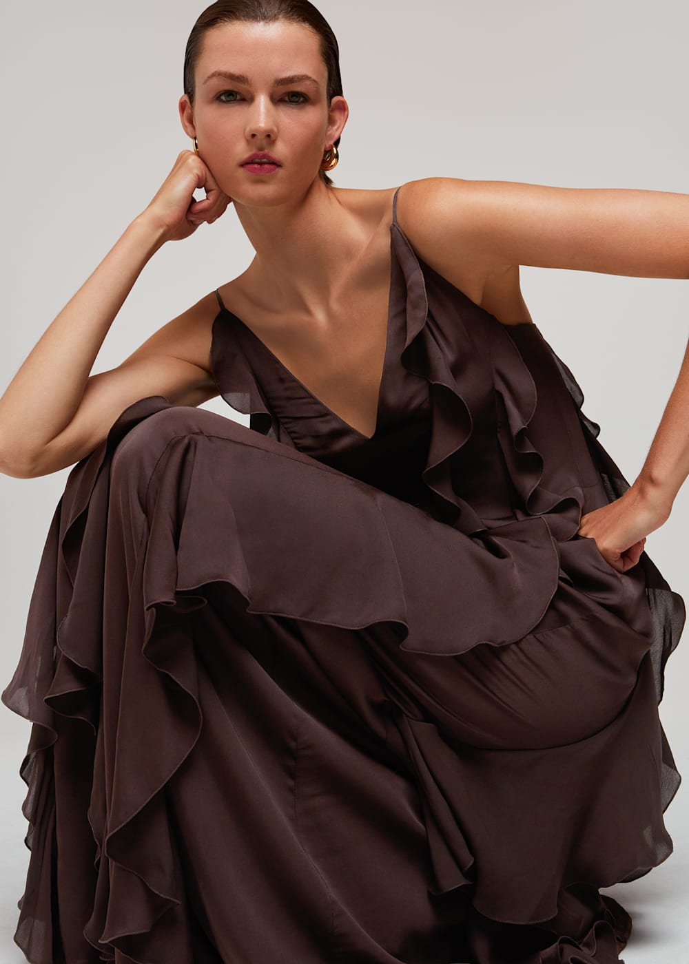 Chocolate Ruffle Maxi Dress | WHISTLES | Whistles UK |