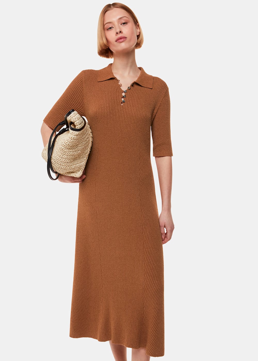 Camel Knitted Ribbed Midi Dress WHISTLES Whistles UK