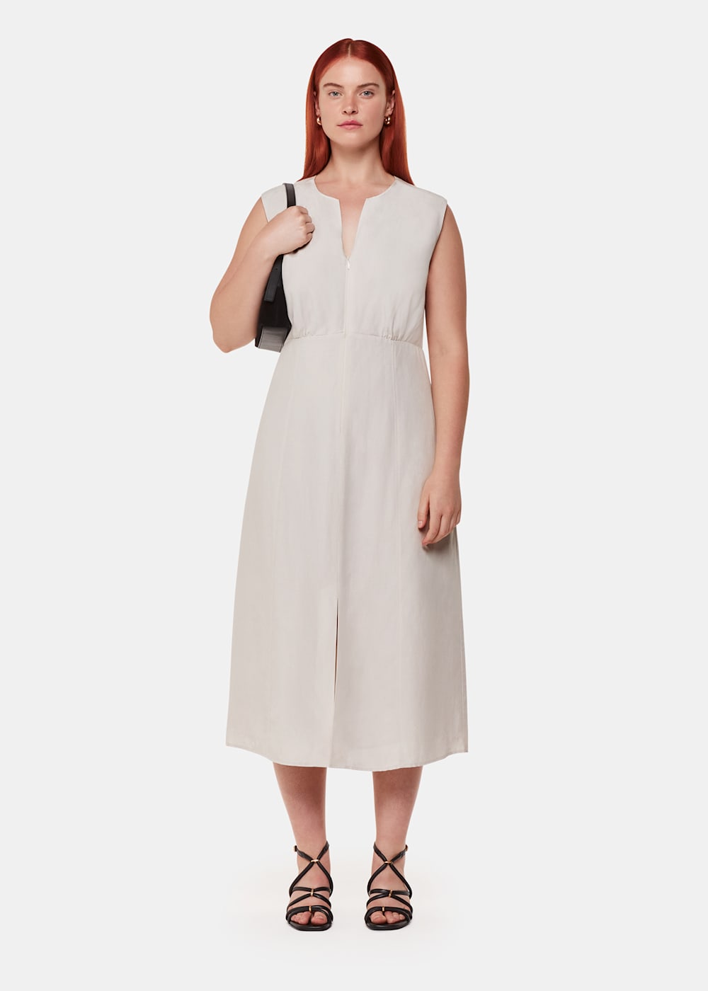 Neutral Abbie Linen Blend Midi Dress WHISTLES Whistles UK