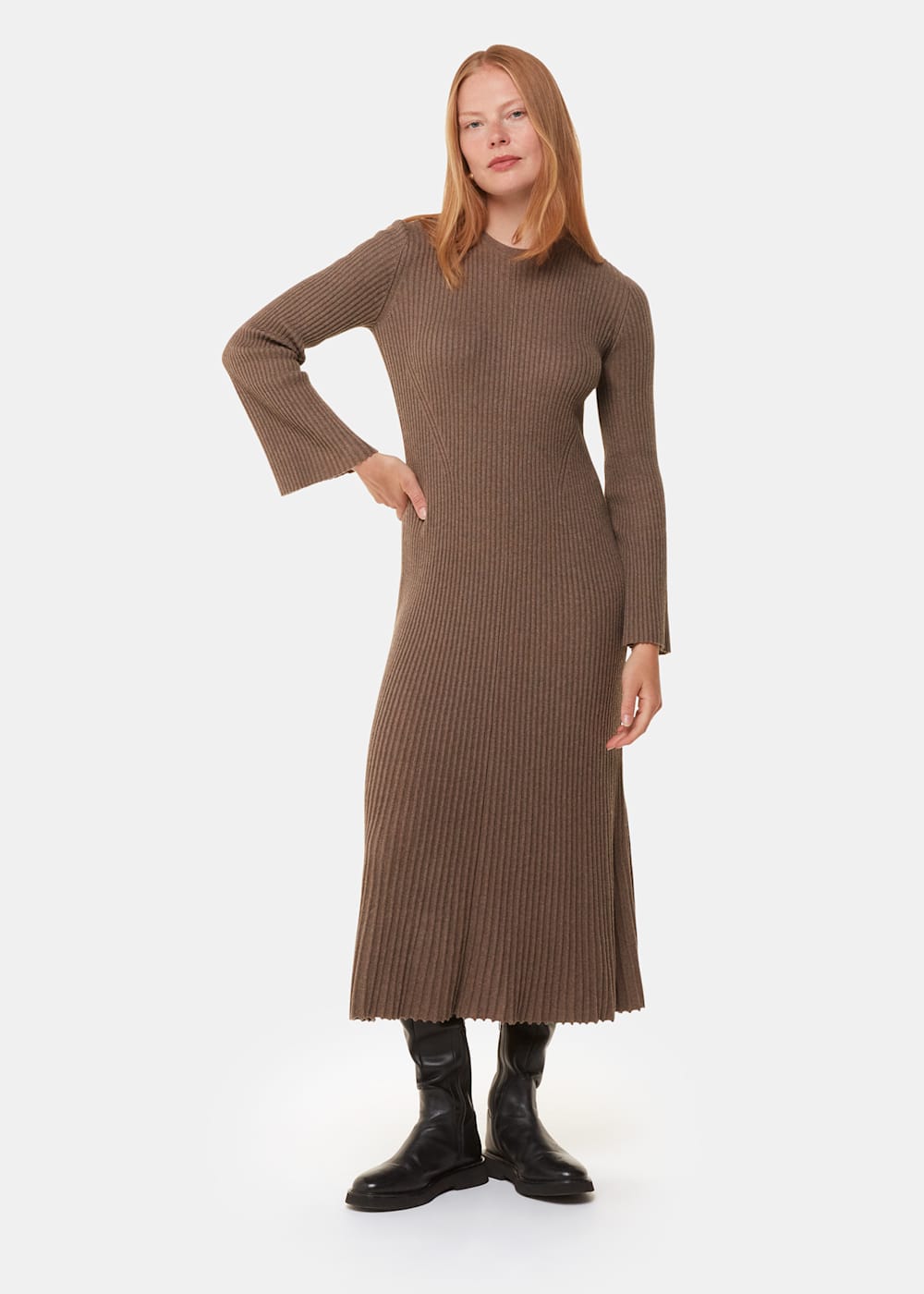 Women s Taupe Fit Flare Ribbed Knit Dress Whistles UK