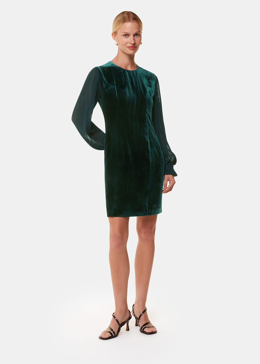Dark Green Velvet Pleated Sleeve Dress WHISTLES Whistles UK