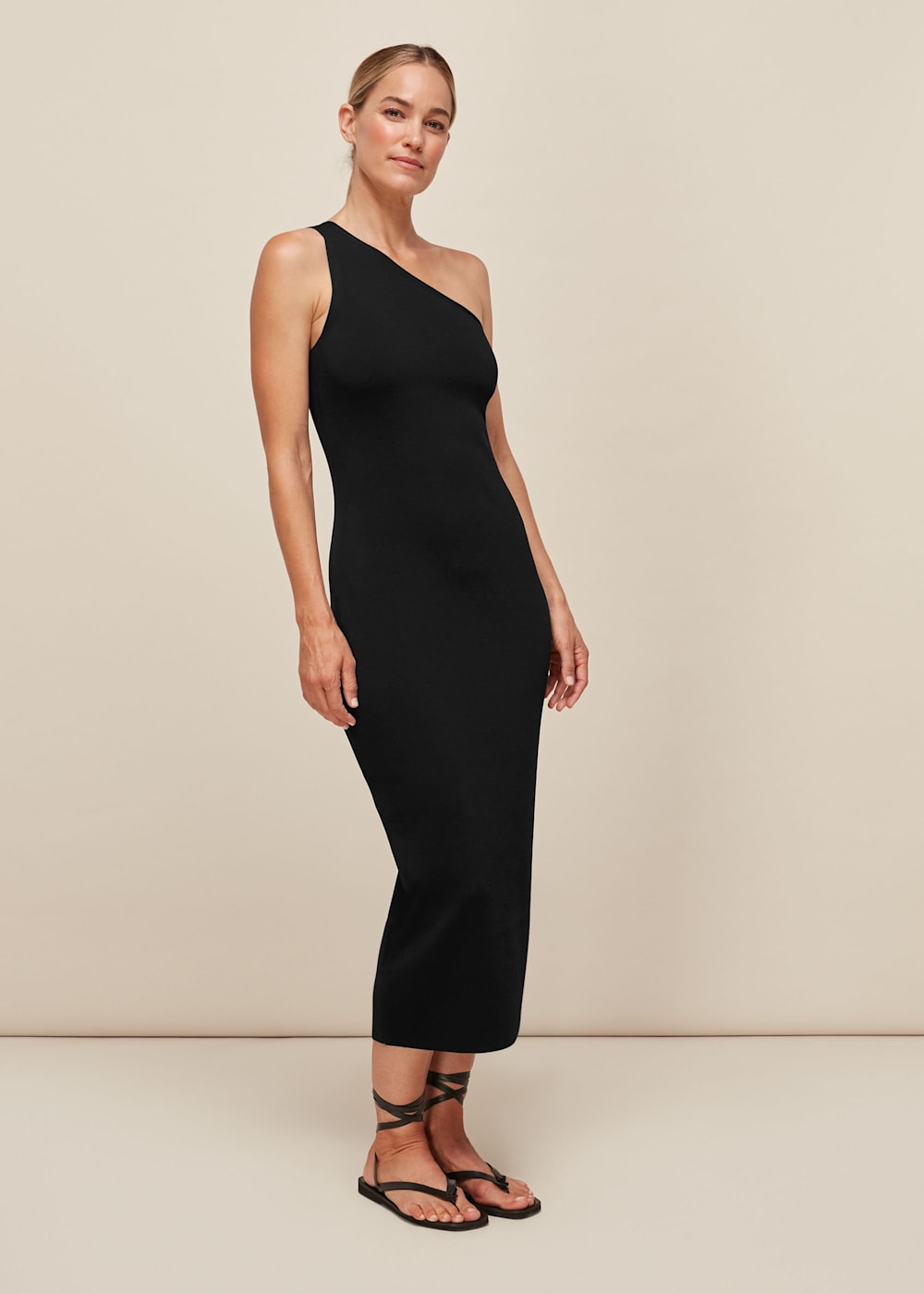 Black One Shoulder Midi Knit Dress