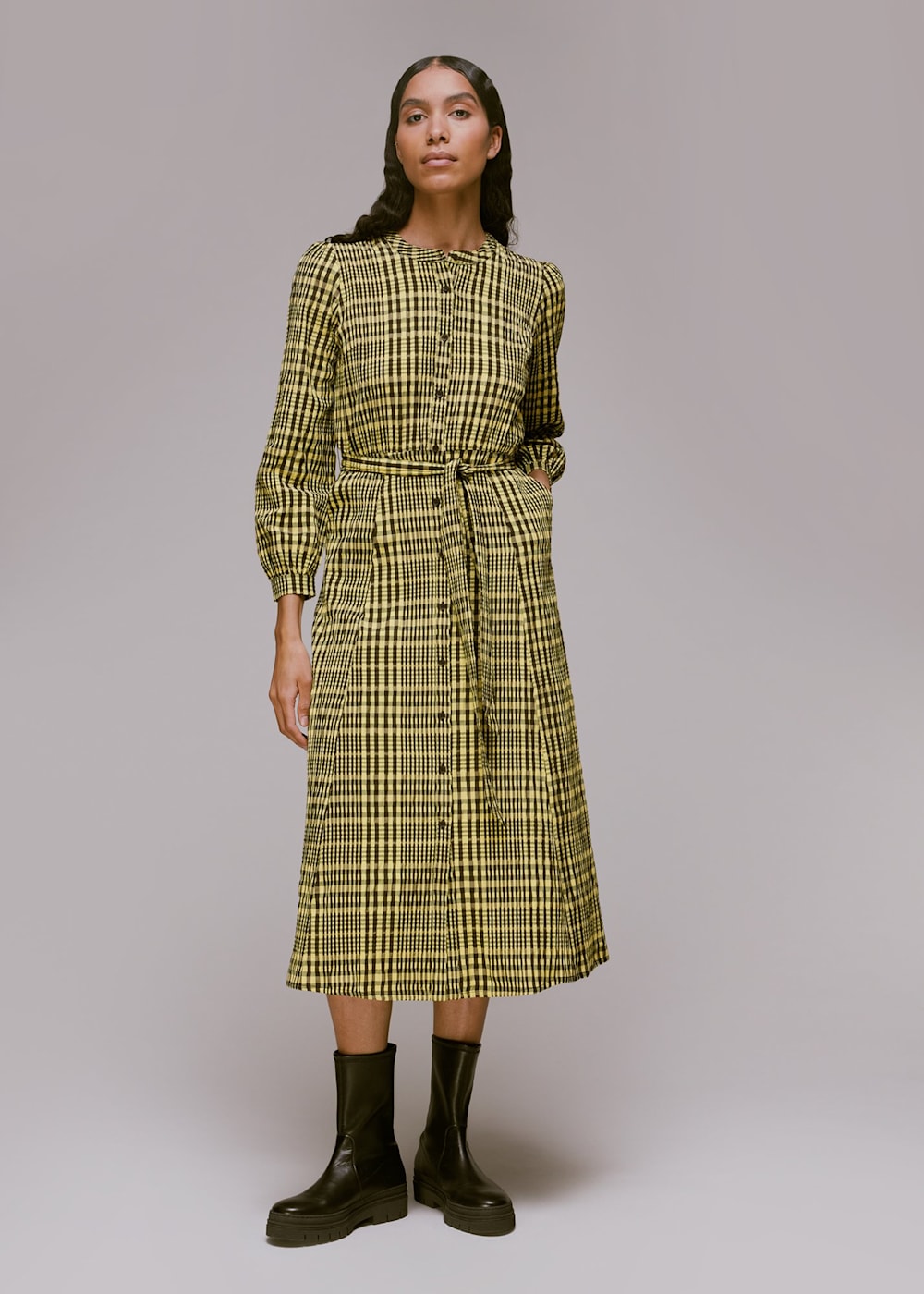 Yellow Multi Nora Gingham Check Midi Dress WHISTLES Whistles UK