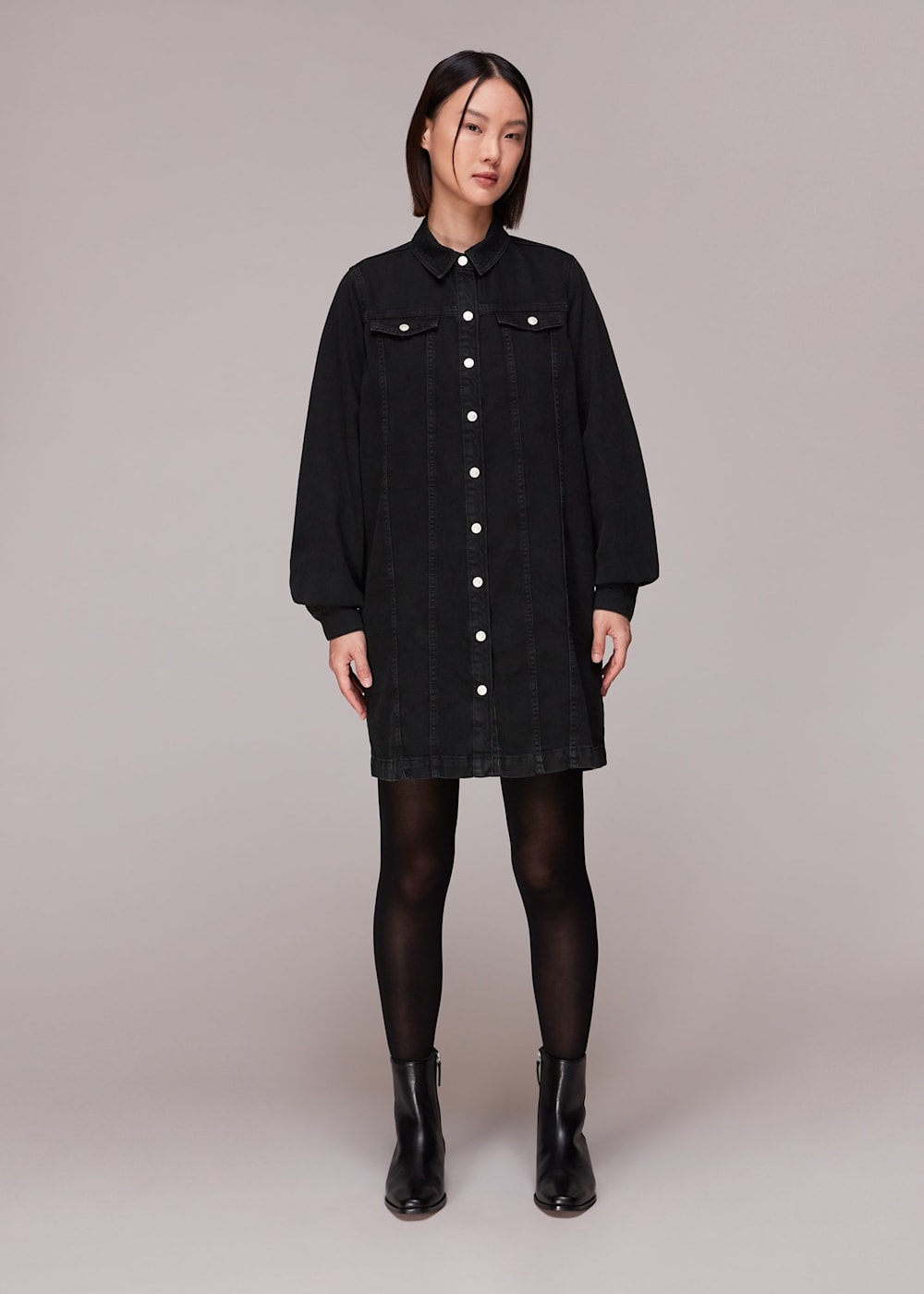 Denim dress and black tights outlet
