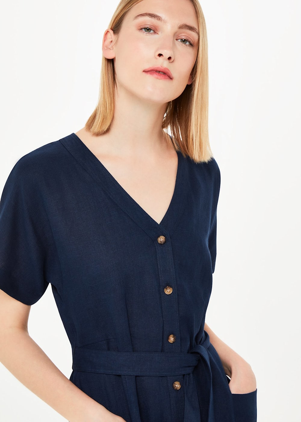Navy Linen Belted Midi Dress WHISTLES Whistles UK