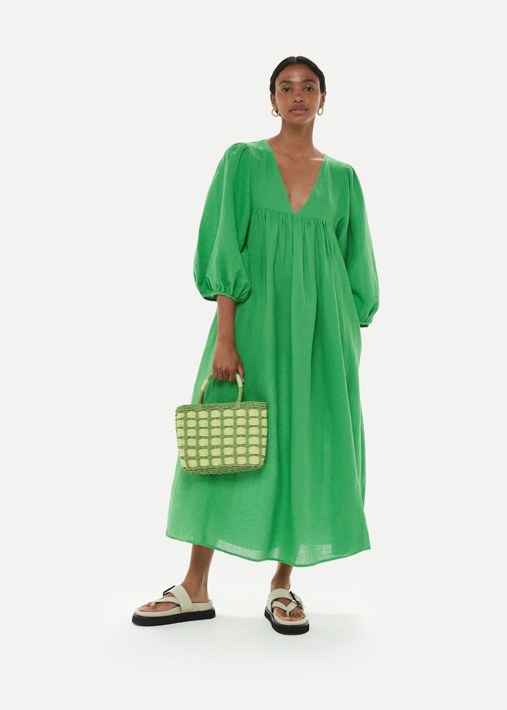 Green Gloria Linen Blend Dress WHISTLES Whistles AU