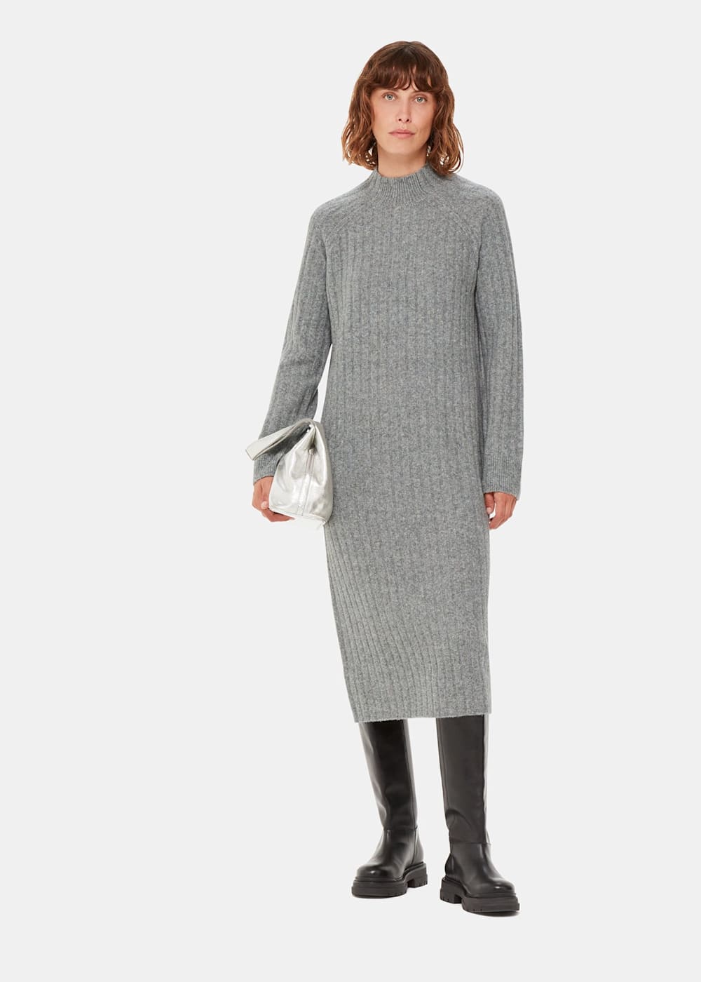 Grey Ribbed Knitted Midi Dress WHISTLES Whistles UK