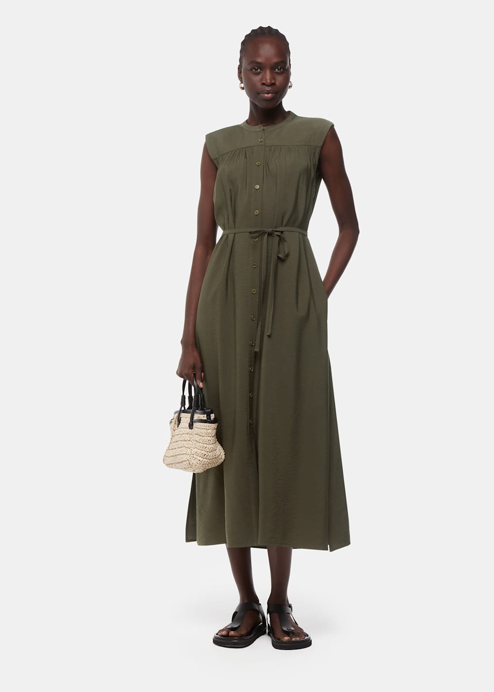 Khaki Ilana Midi Dress WHISTLES Whistles UK