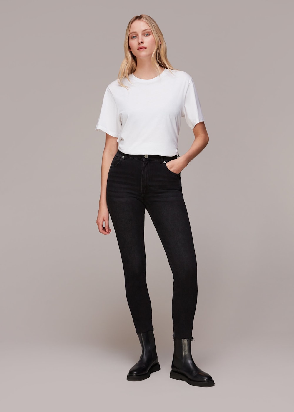 Black High Rise Slim Leg Jeans With Frayed Hem Whistles Whistles UK