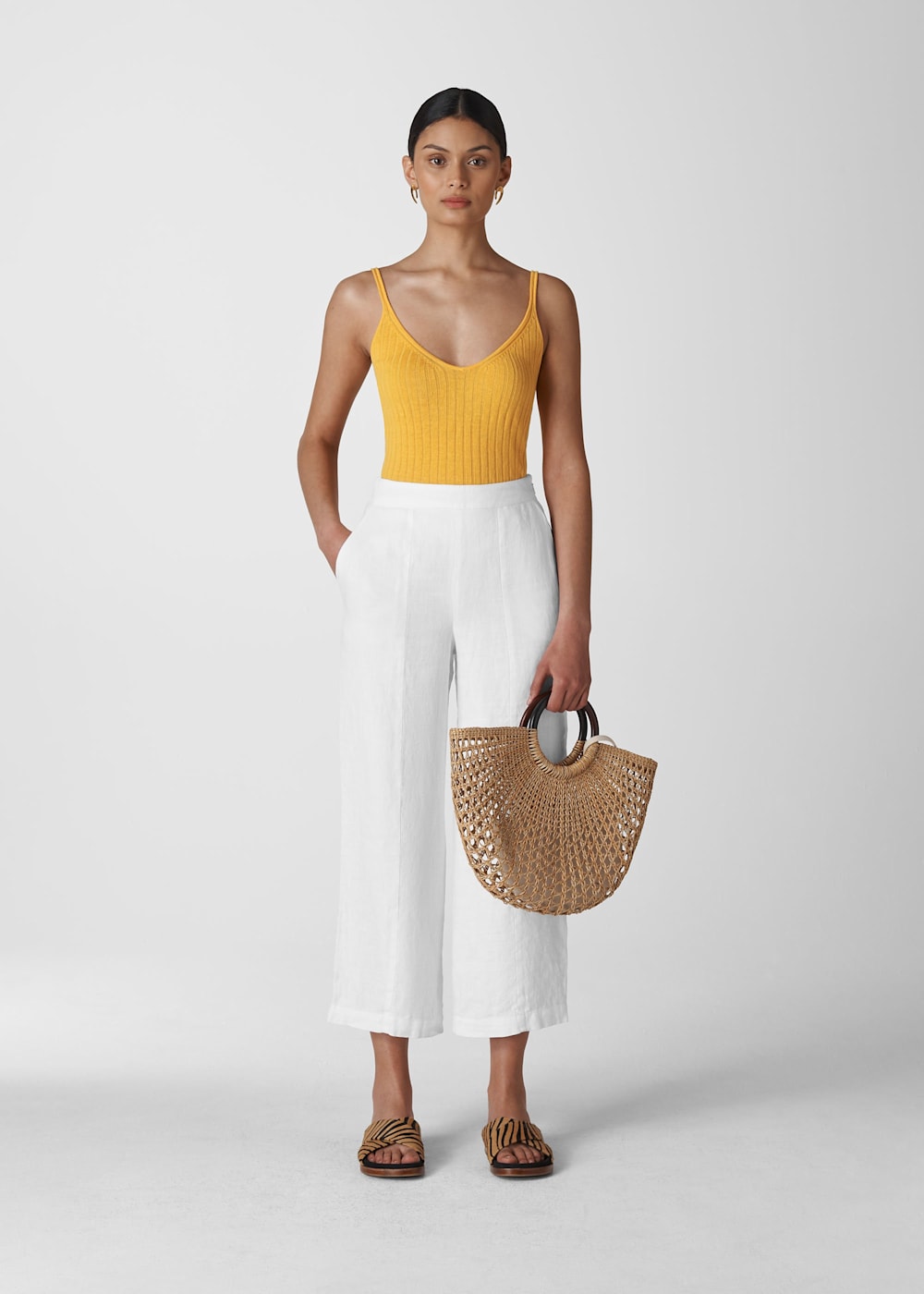 Cropped wide leg linen trousers sales
