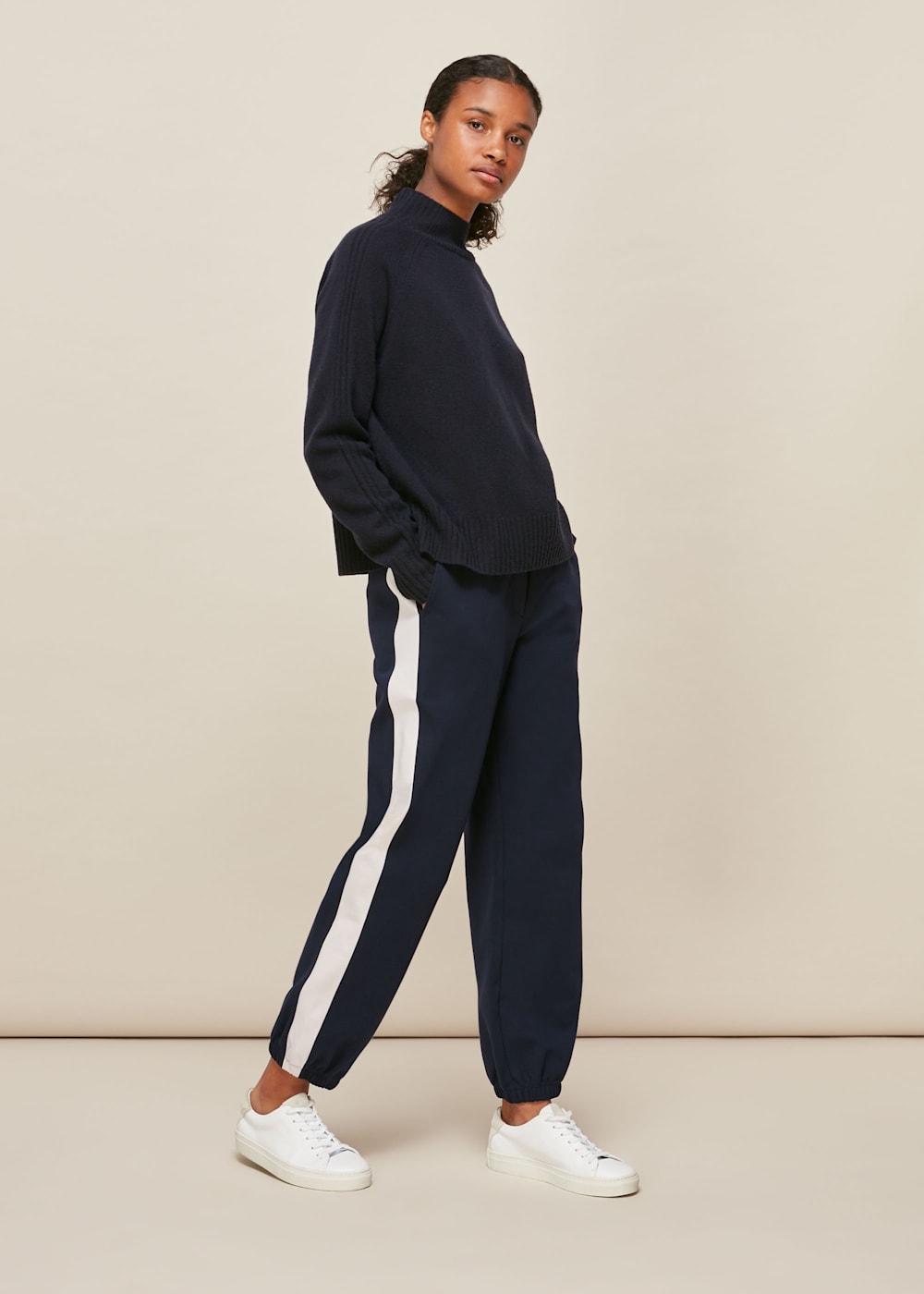Navy joggers with white stripe hot sale