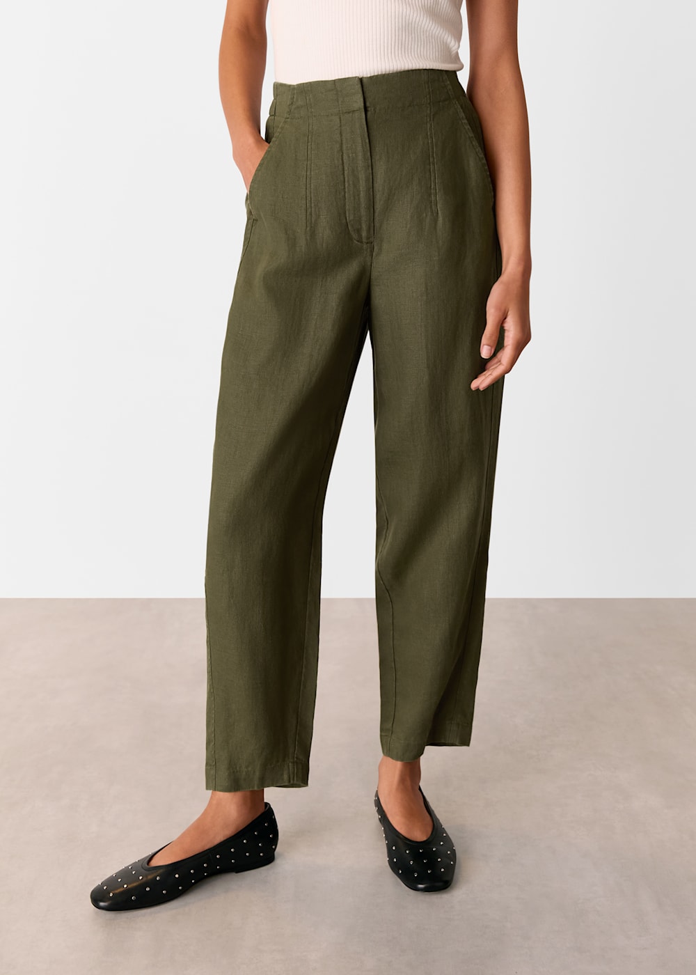 Khaki Linen Barrel Leg Trouser | WHISTLES | Whistles UK | Khaki Linen Barrel Leg Trouser | WHISTLES | Whistles UK |