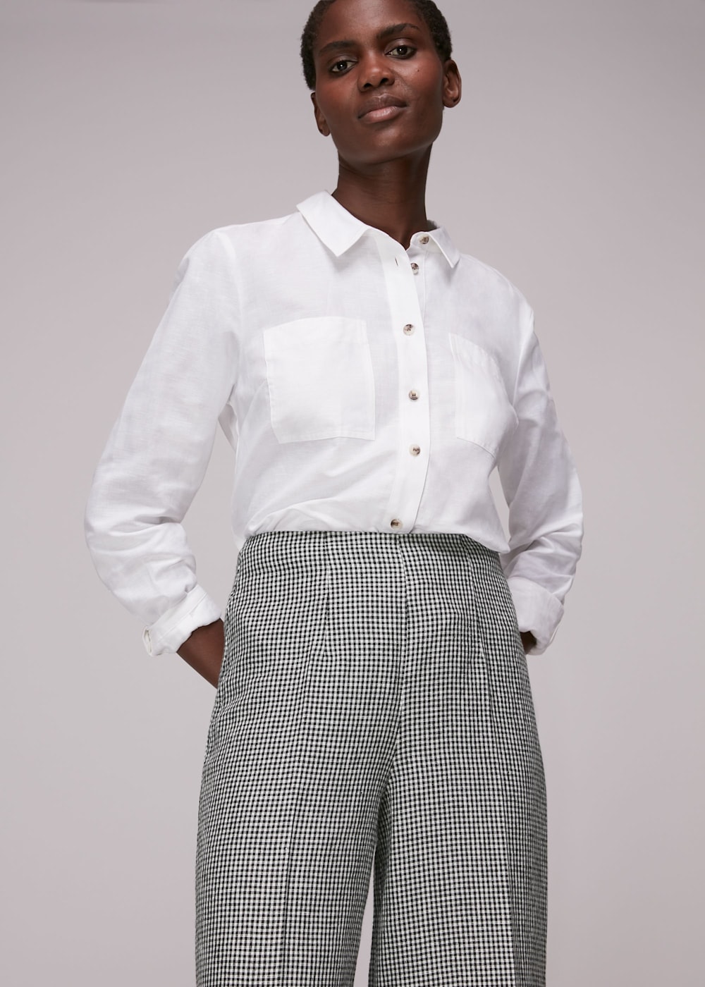Navy Multi Checked Linen Crop Trouser WHISTLES Whistles ROW