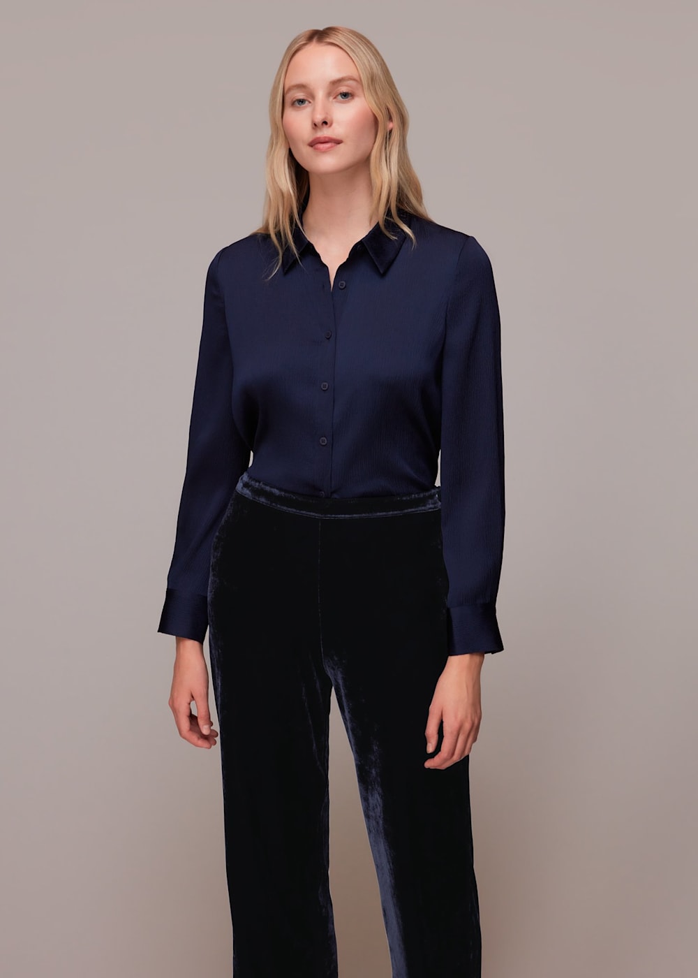 Navy velvet wide leg trousers sales