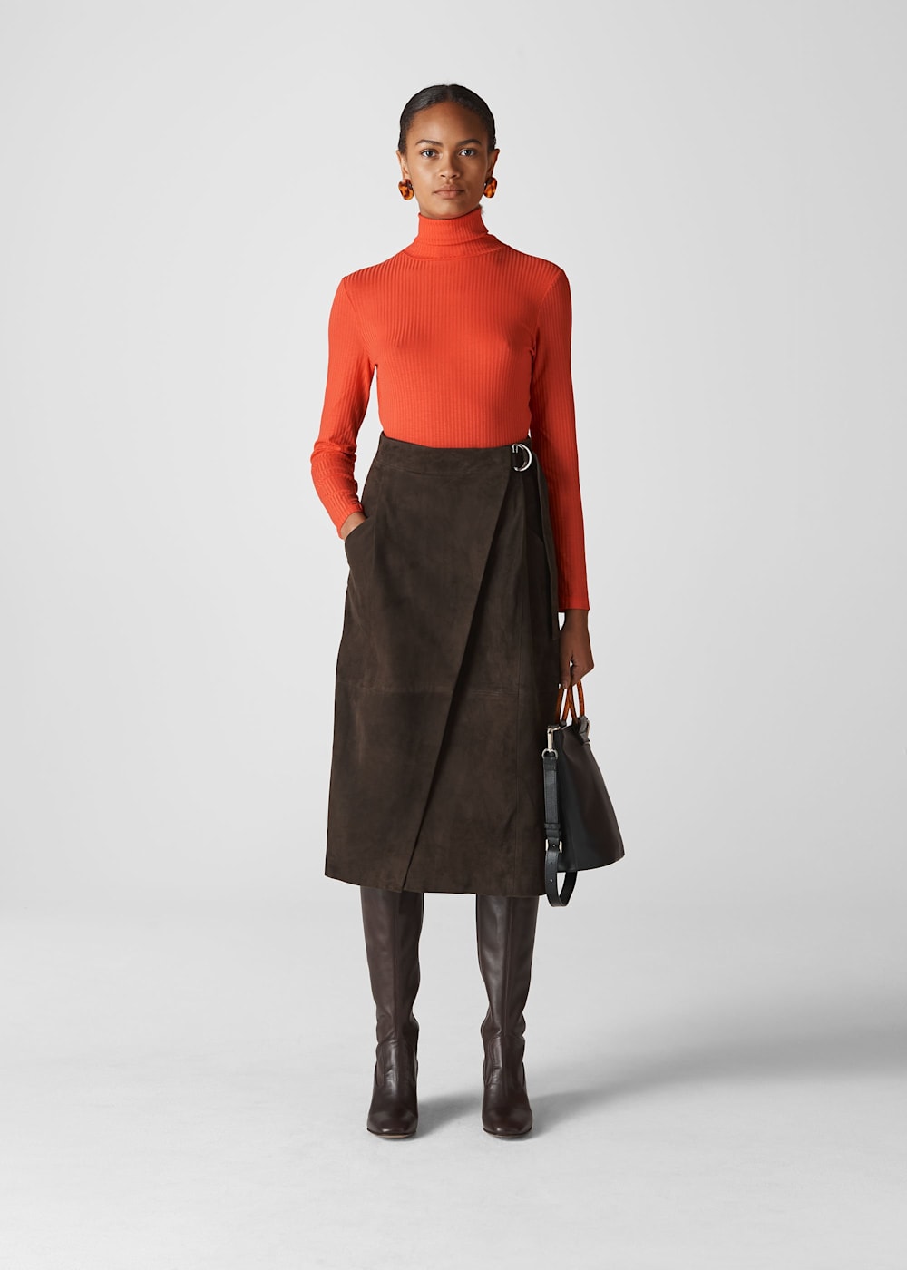 Chocolate Suede Wrap Midi Skirt WHISTLES Whistles UK