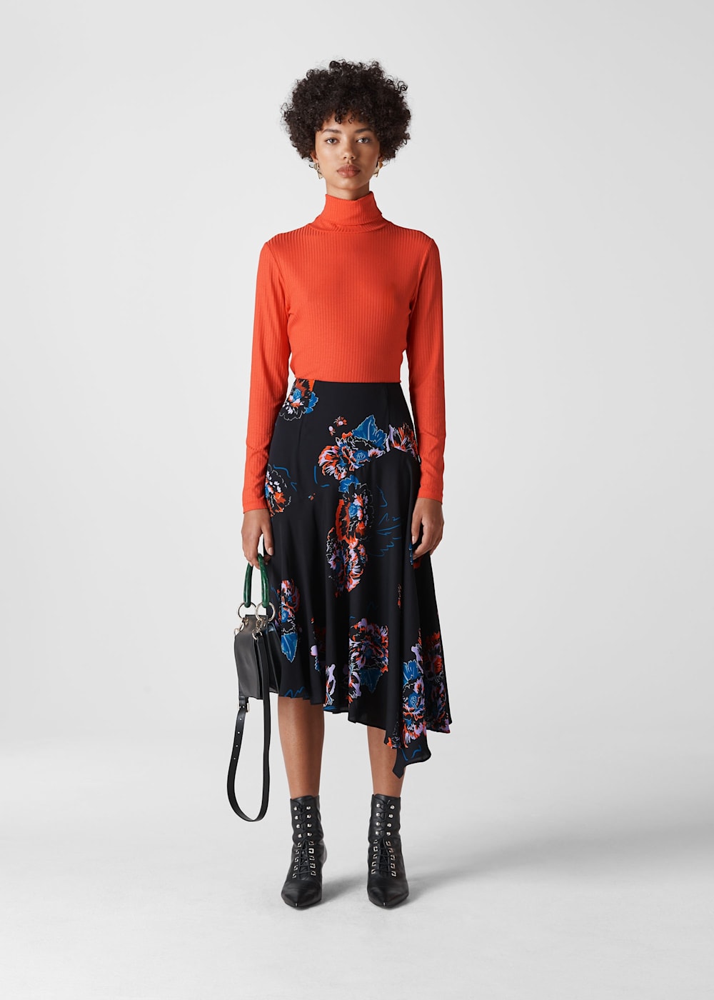 Black Multi Freya Print Asymmetric Skirt WHISTLES Whistles UK