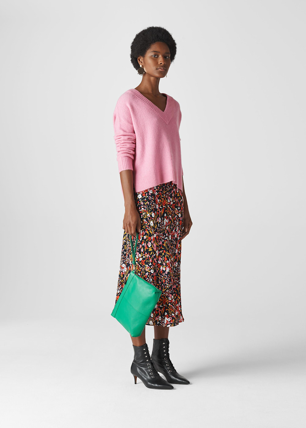 Pink sweater green skirt shop