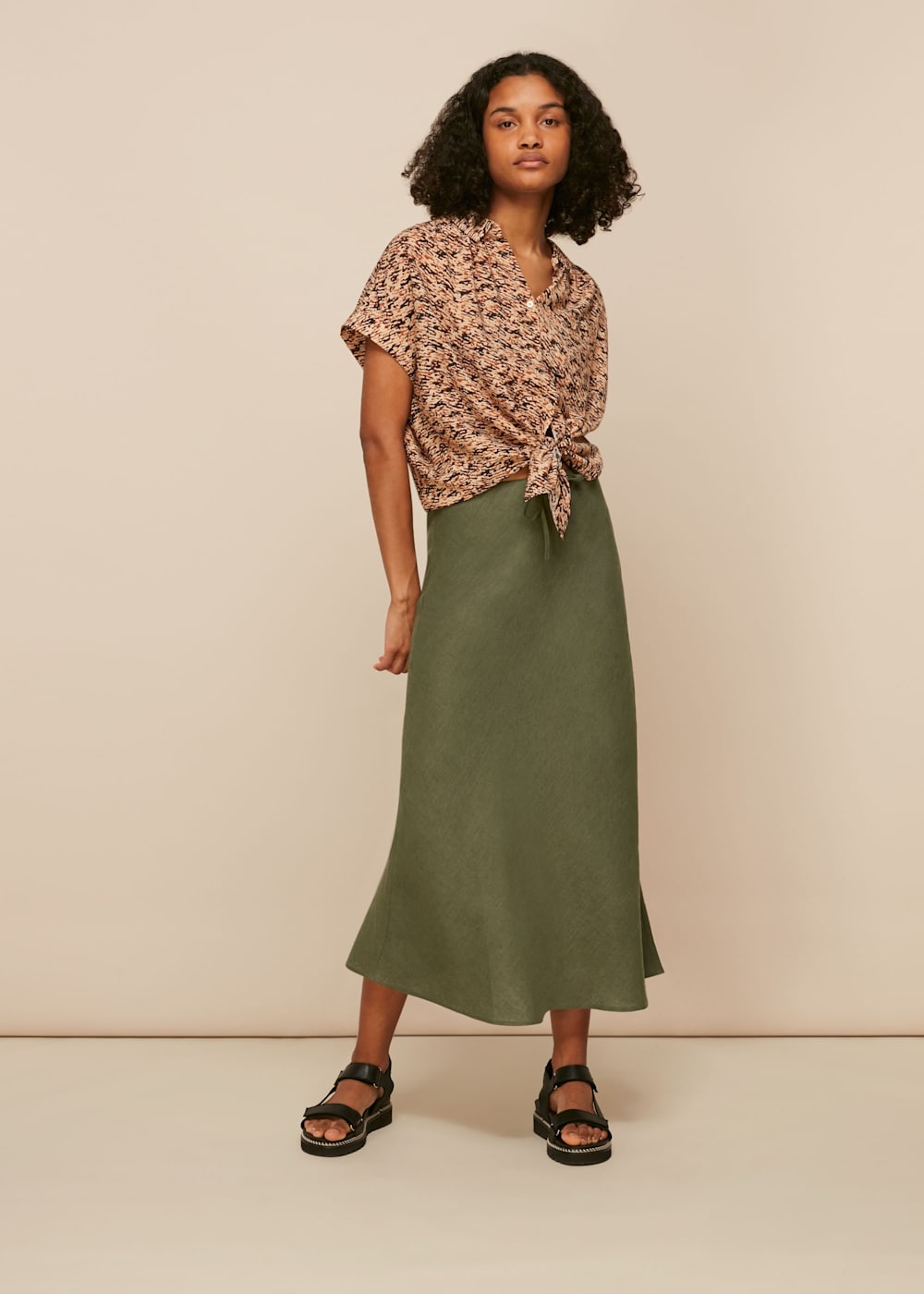 Khaki Linen Bias Cut Skirt WHISTLES Whistles UK