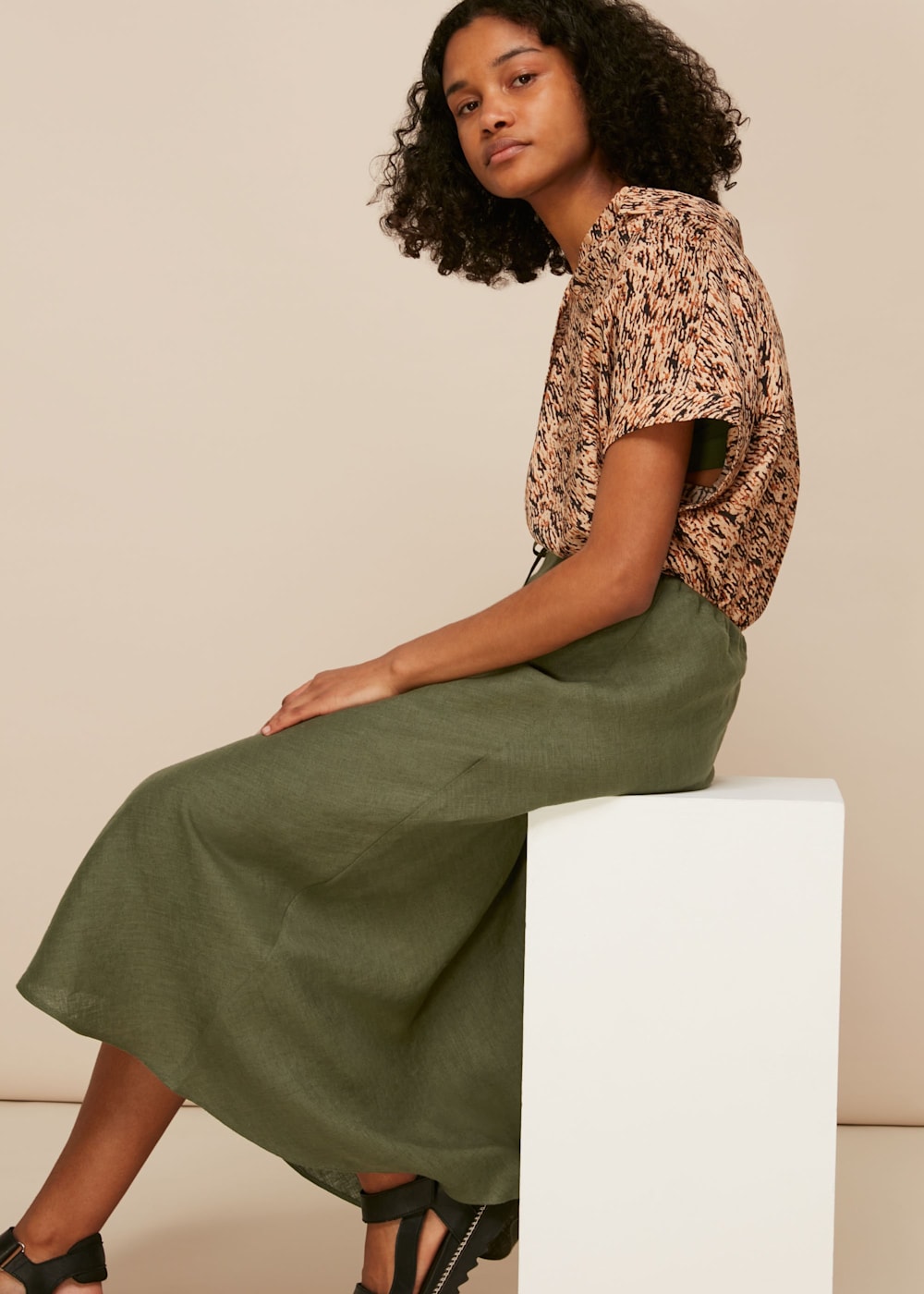 Khaki Linen Bias Cut Skirt WHISTLES Whistles UK