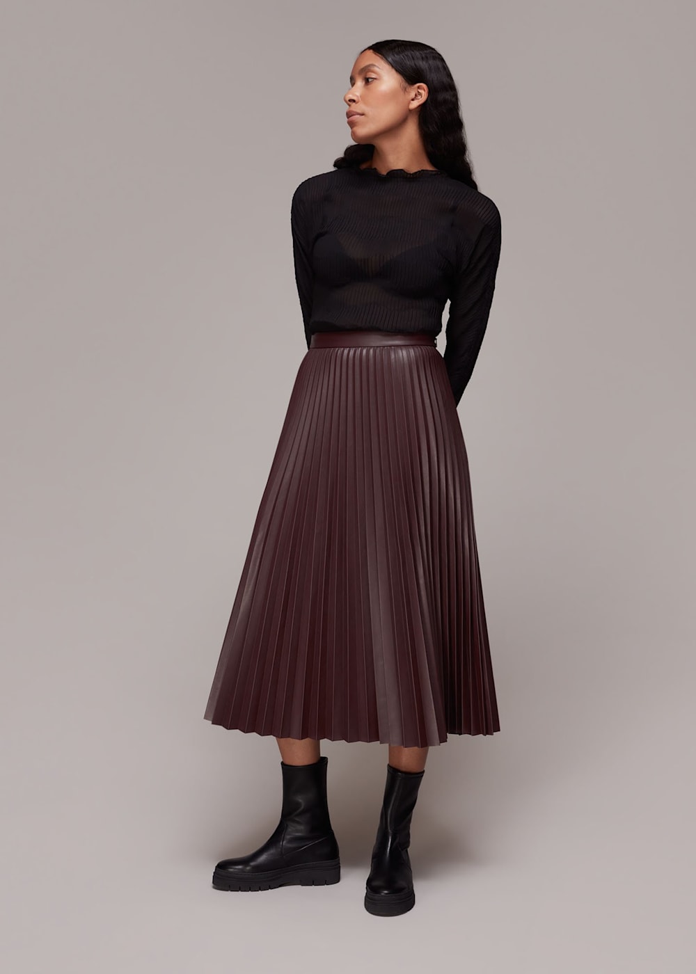 Chocolate Pleat Pu Leather Skirt WHISTLES Whistles UK