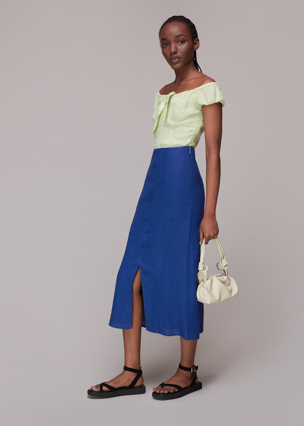 Blue Button Front Linen Skirt WHISTLES Whistles UK