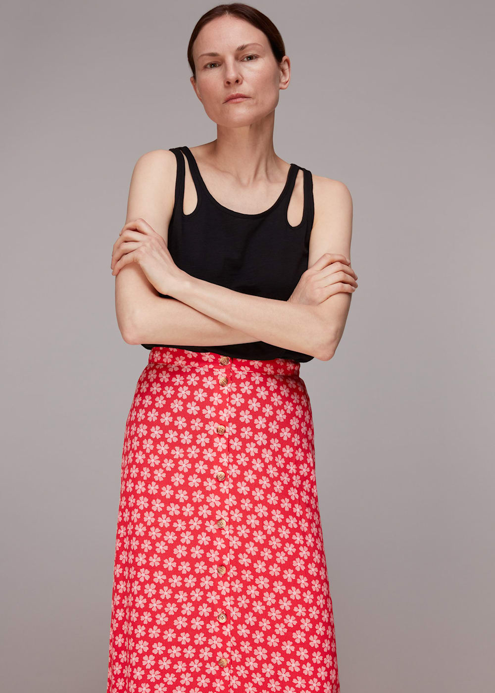 Red/Multi Daisy Check Button Front Skirt | WHISTLES Red/Multi Daisy Check Button Front Skirt | WHISTLES