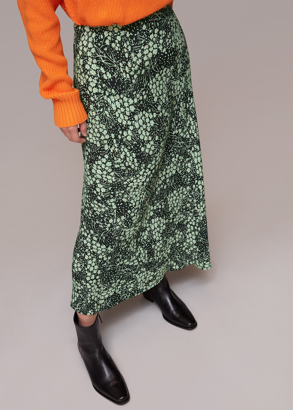 Green Multi Daisy Meadow Bias Cut Skirt WHISTLES Whistles UK