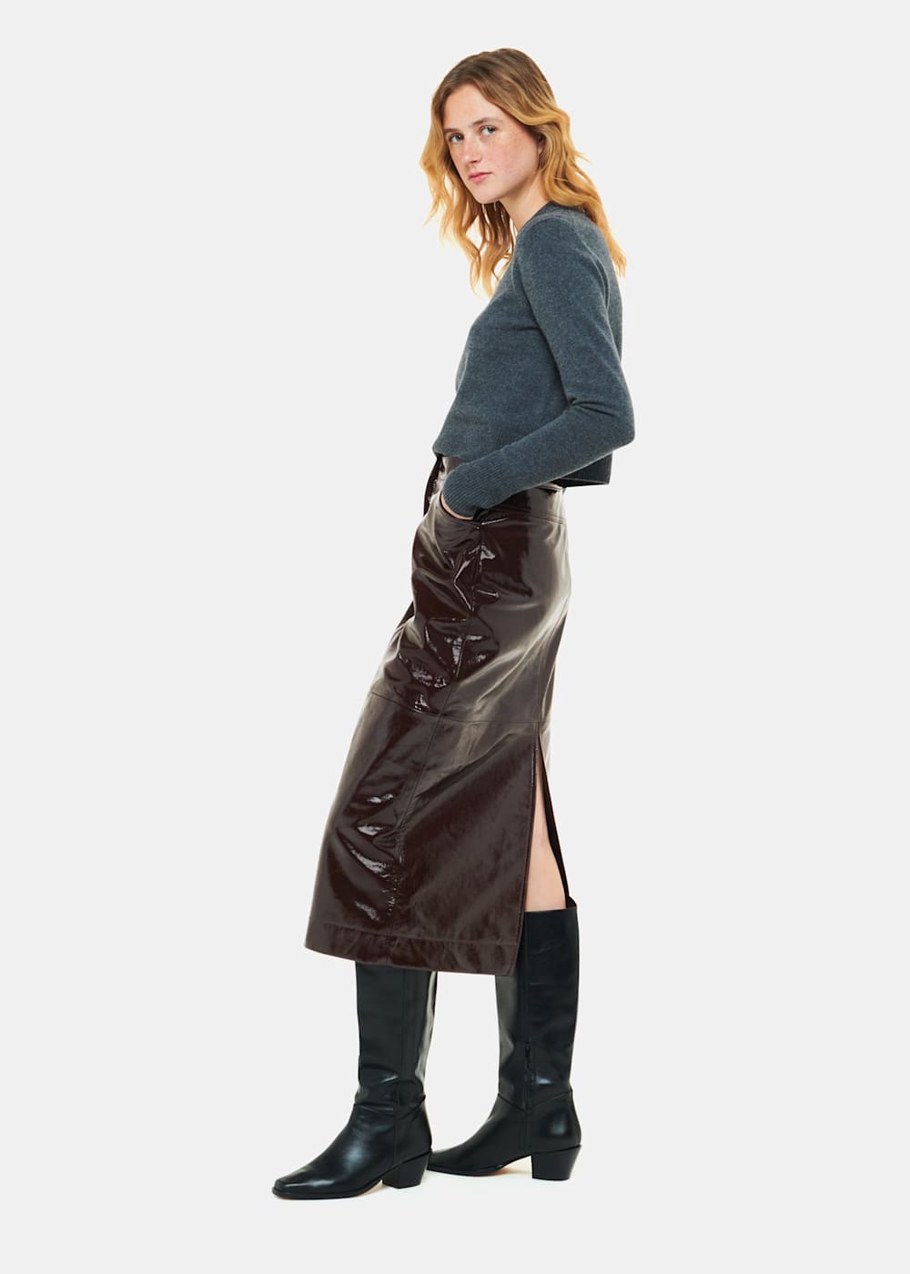 Chocolate Brown Patent Leather Midi Skirt Whistles UK Whistles UK