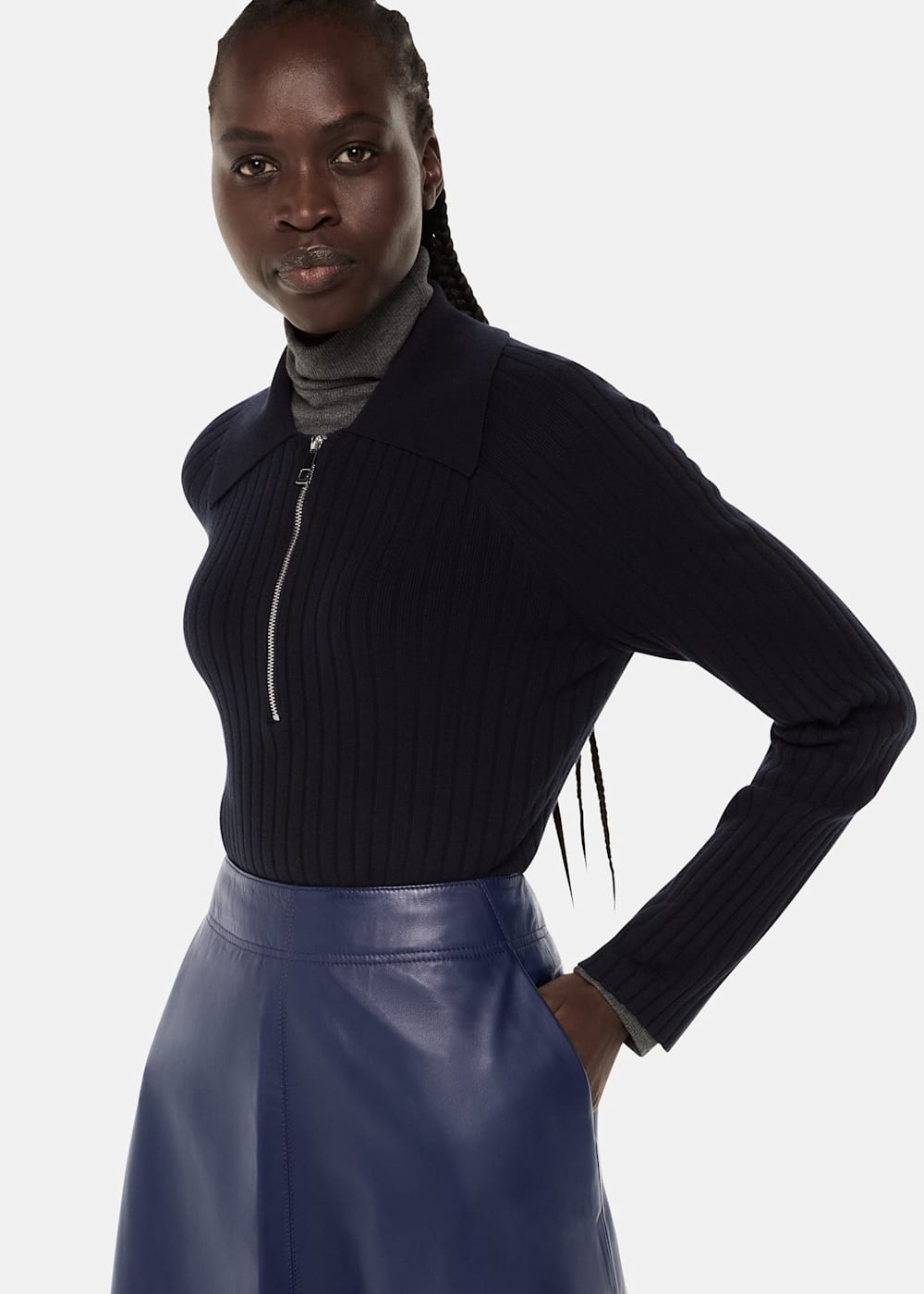 Navy Blue Leather Circle Midi Skirt Whistles Whistles ROW