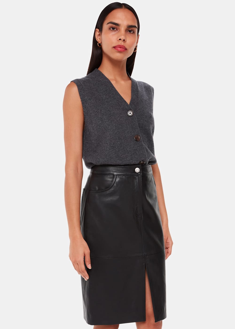 Black Leather Midi Skirt With Front Split Whistles UK Whistles UK