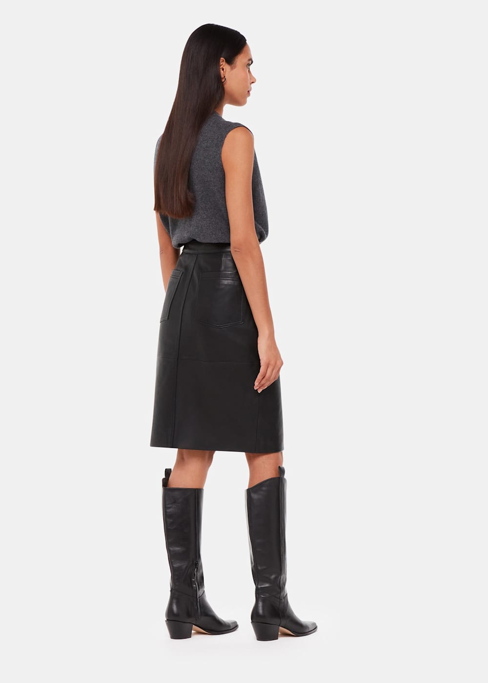 Black Leather Midi Skirt With Front Split Whistles ROW Whistles ROW
