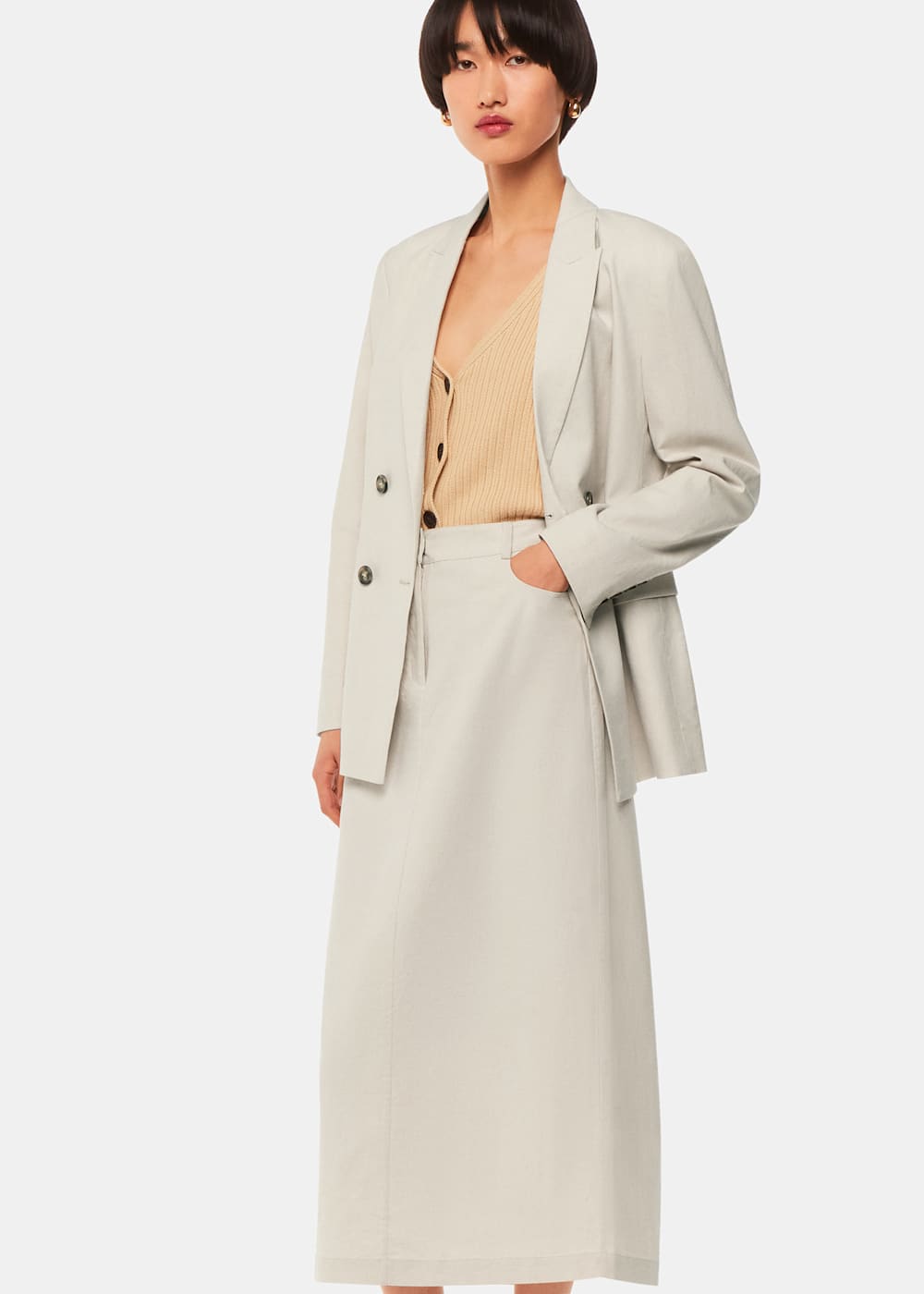 Oatmeal Abigail Linen Blend Midi Skirt WHISTLES Whistles UK