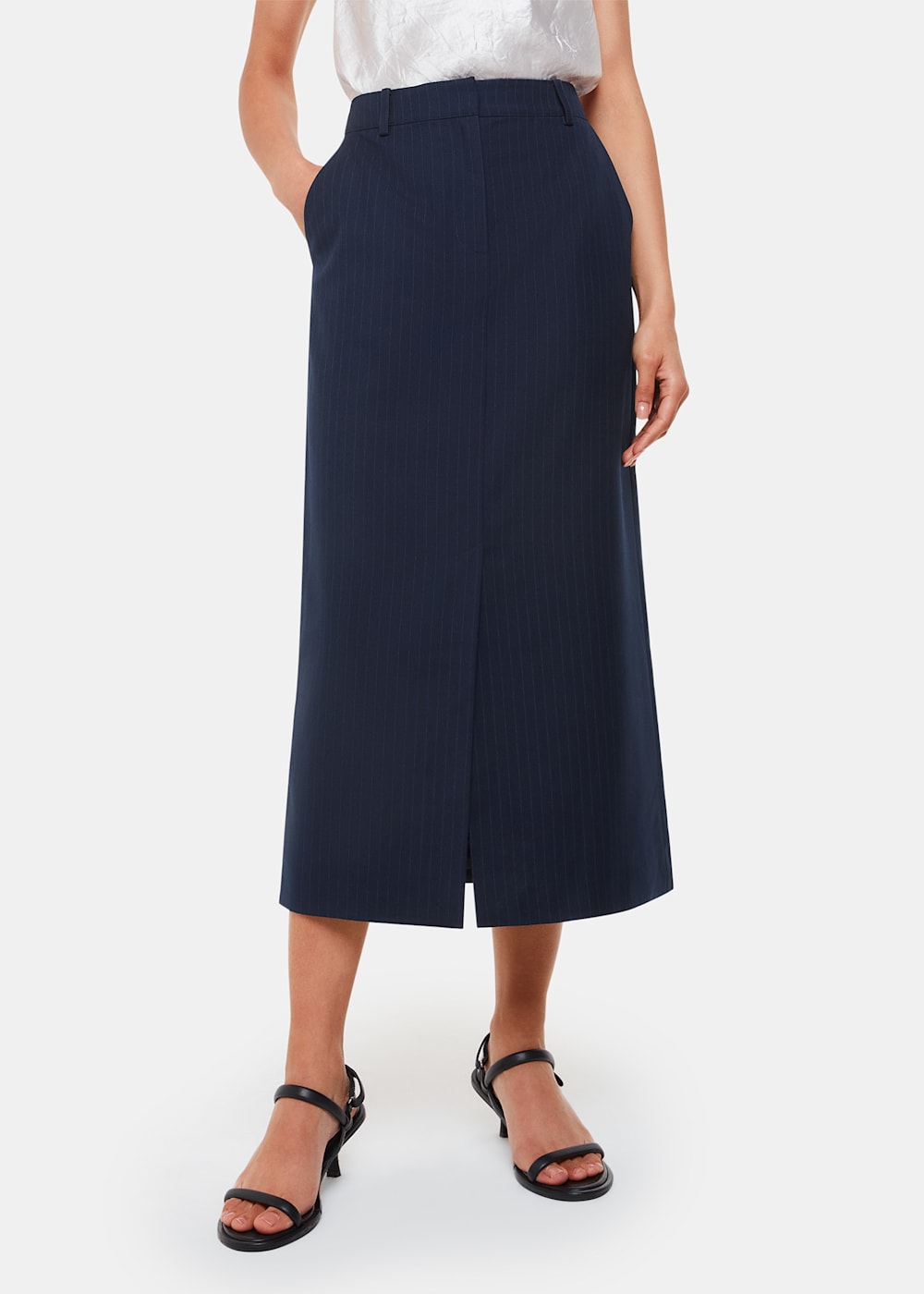 Navy pinstripe pencil skirt discount