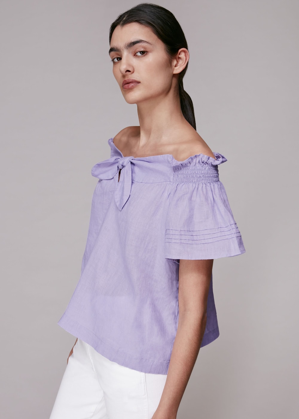 Lilac Tie Front Bardot Linen Top