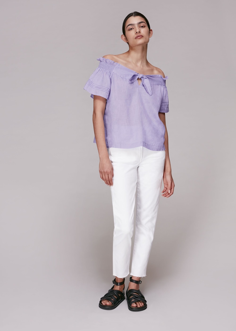 Lilac Tie Front Bardot Linen Top