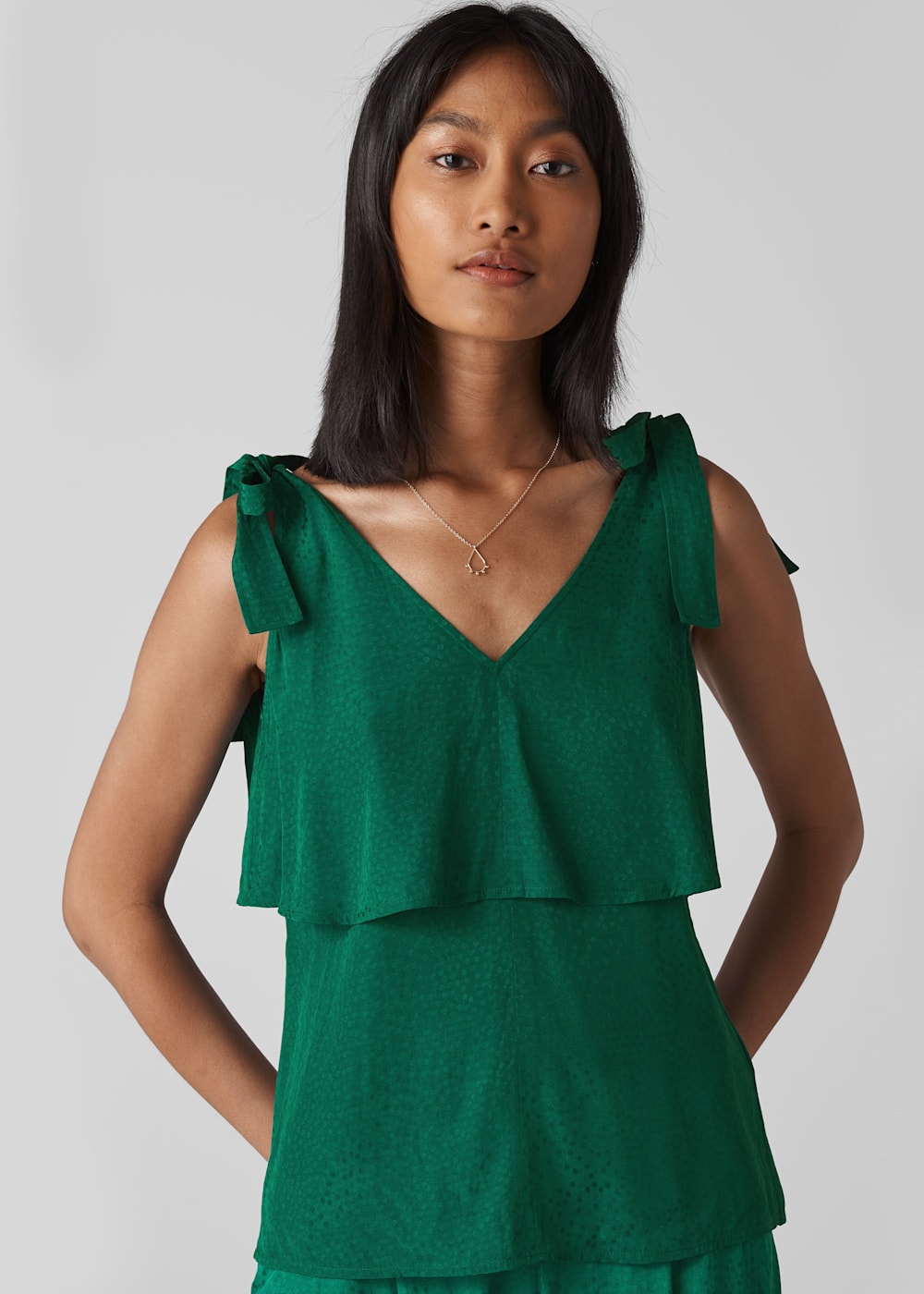 Green Jacquard Tie Shoulder Top