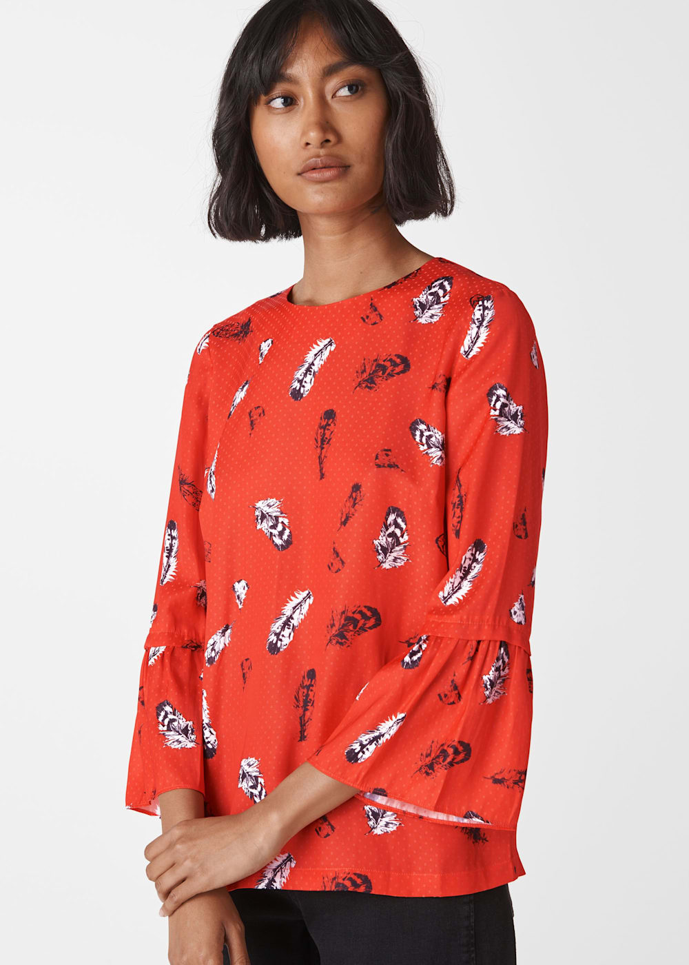 Red Multi Feather Print Millie Frill Top WHISTLES Whistles US