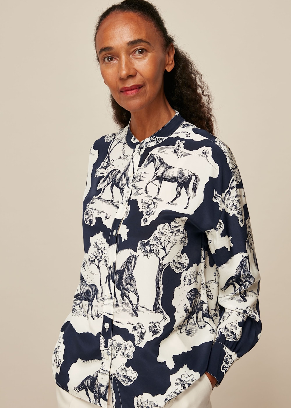 Blue Multi Stallion Print Silk Shirt WHISTLES Whistles US