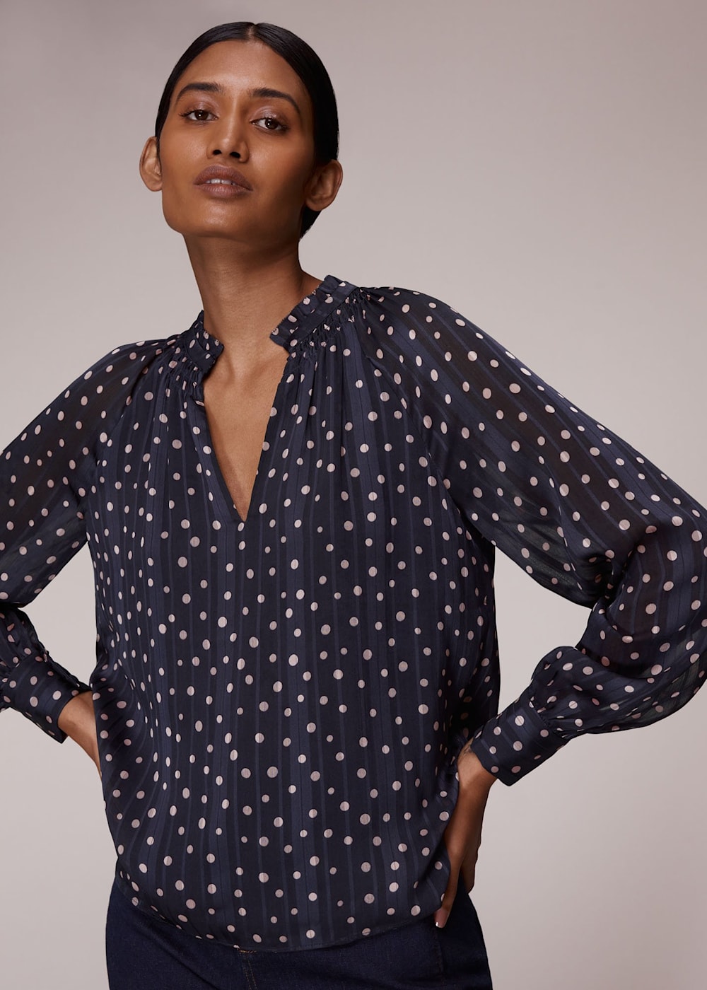 Navy and white spotted blouse deals