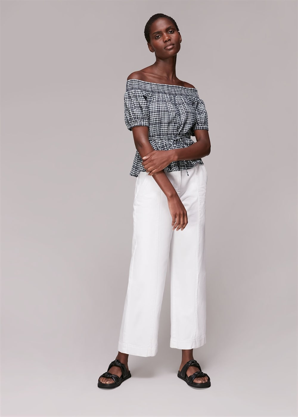 Black and white striped bardot top clearance