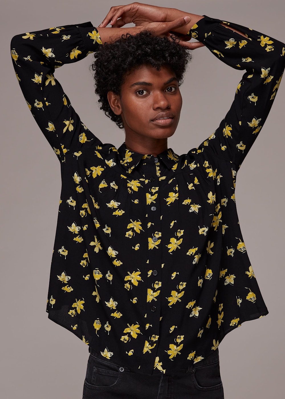 Black blouse with yellow flowers clearance