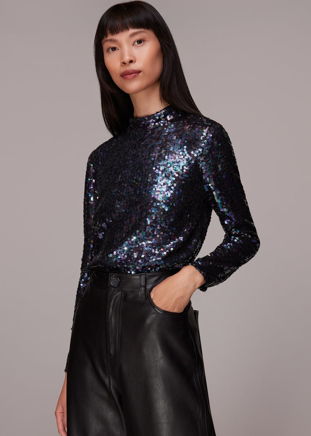 Black Multi High Neck Sequin Top WHISTLES Whistles US