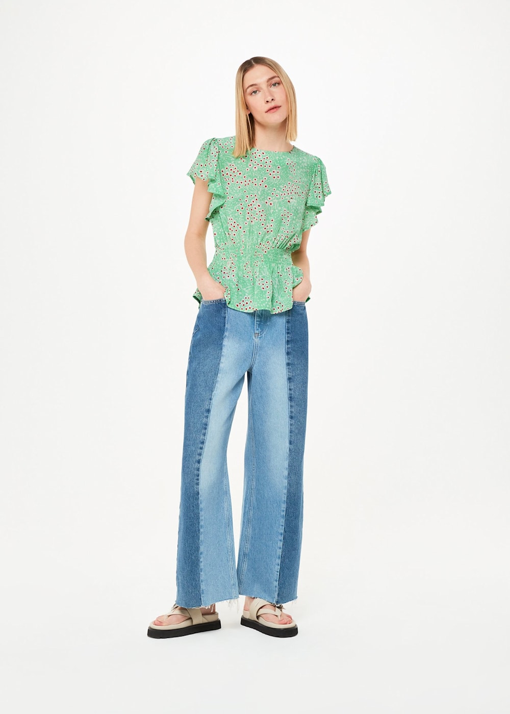 Green/Multi Daisy Meadow Frill Sleeve Top | WHISTLES | Whistles US |